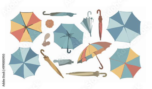 Colorful umbrella collection vector with open and folded parasols hand drawn seasonal illustration isolated on white