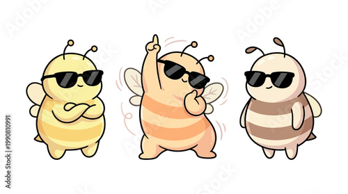 Cartoon bees wearing sunglasses standing.