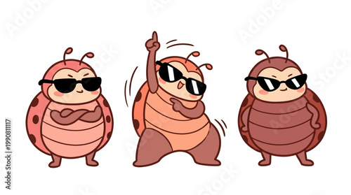 Three cartoon ladybugs wearing sunglasses dancing.