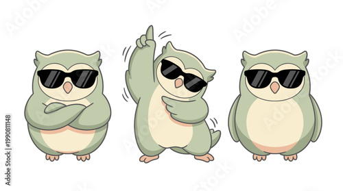 Three cartoon owls wearing sunglasses dancing.