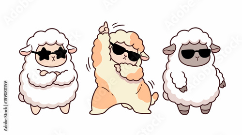Three cartoon sheep wearing sunglasses dancing.