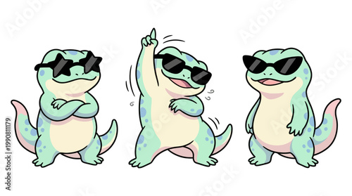 Three cartoon lizards wearing sunglasses dancing.
