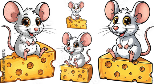 Cute cartoon white mouse characters sitting on yellow cheese wedges, adorable baby mice vector set, friendly rodent mascot illustrations for kids