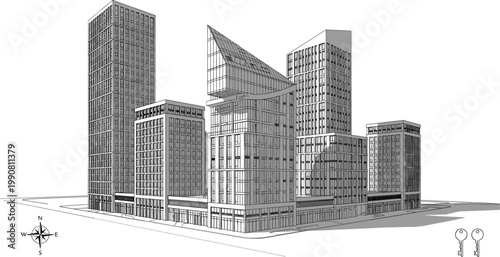 Modern Building Complex Icon Set Featuring 3D Architecture with Multiple Towers and Detailed Facades