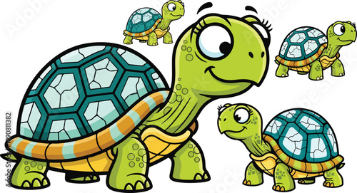 Cute cartoon turtle character set, friendly green tortoise vector illustration, happy reptile mascot collection for children education and books