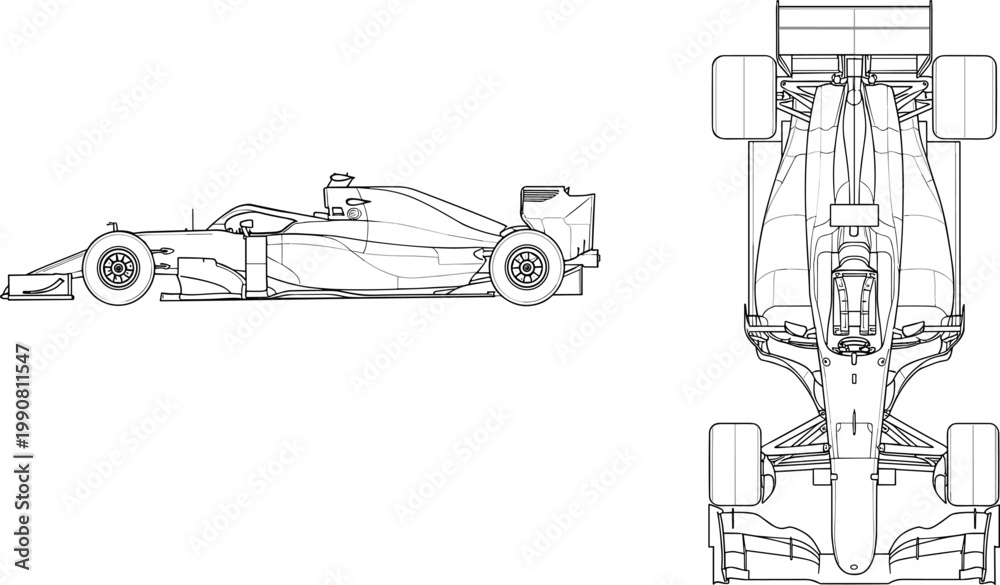 Fototapeta premium Formula 1 Car Icon Set Featuring Detailed Side and Top Views of a Racing Vehicle