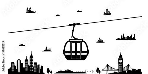 Urban Cable Car Gondola Silhouette Vector - Aerial Public Transport Icon