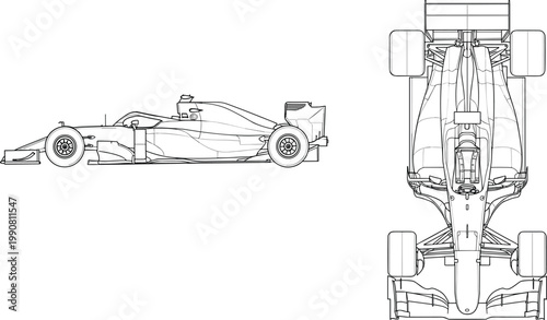 Formula 1 Car Icon Set Featuring Detailed Side and Top Views of a Racing Vehicle