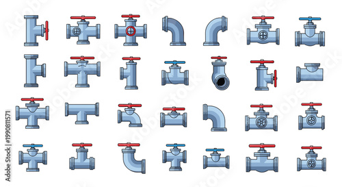 Extensive set of industrial plumbing icons showing various pipe connectors, valves, faucets, and joints in a blue metallic finish.