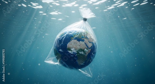 A globe suffocating inside a plastic bag deep under the ocean. Powerful symbol for marine pollution, Earth Day, climate change, and protecting our water resources from single-use plastic waste