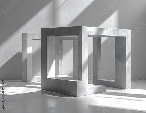 Concrete geometric frames casting light and shadows in minimalist architecture style