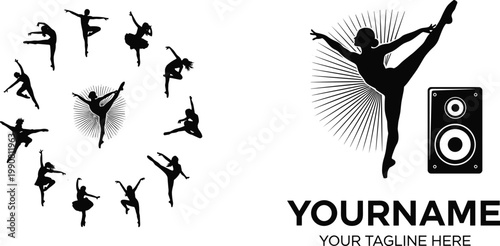 Vector set of elegant ballet dancer silhouettes and logo template with speaker icon for dance studio, music academy, performance arts, and creative branding projects.