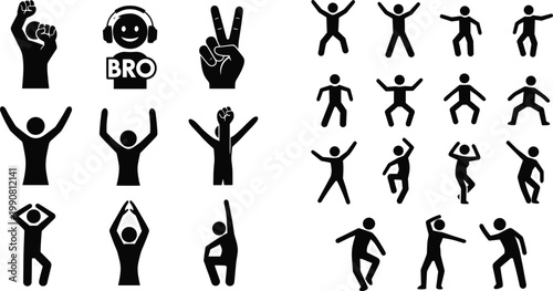 Collection of black stick figure icons and human silhouettes featuring hand gestures, celebration poses, victory signs, and active people symbols for web design and infographics.