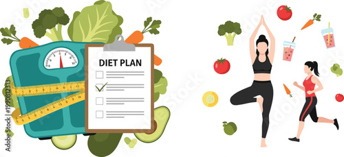 Healthy Lifestyle Diet Plan Vector Set with Weight Scale Vegetables Active Women Yoga Running and Nutrition for Wellness Design