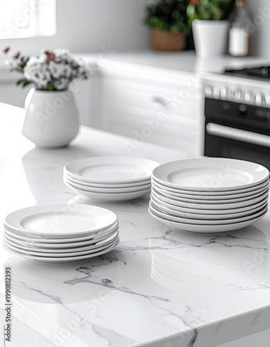 Stack of clean white ceramic plates on a marble countertop in modern kitchen