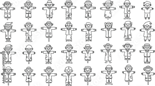 Scarecrow Icon Set Featuring Various Outfits and Poses for Autumn, Harvest, and Farm Design