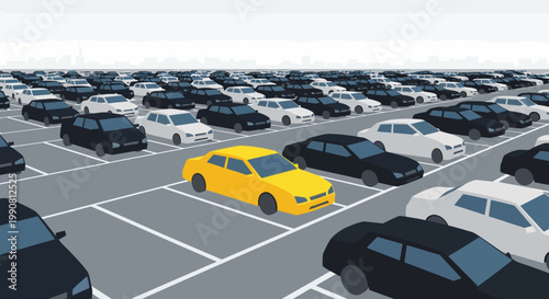 Yellow car standing out in a crowded parking lot with black and white vehicles