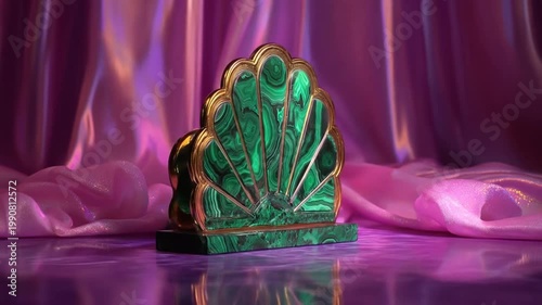 A decorative piece with a green malachite design in a gold frame against a shiny purple backdrop