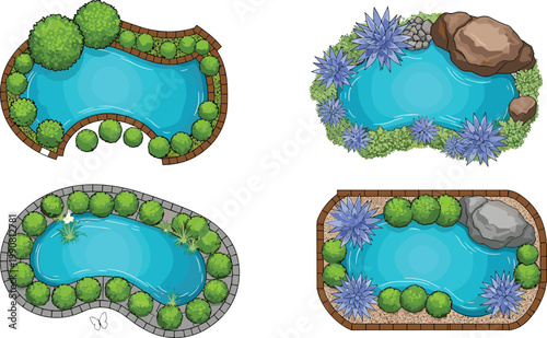 Top View Garden Pond Design Set Featuring Decorative Water Features with Rocks Blue Water and Green Plants for Landscape Architecture and Backyard Planning