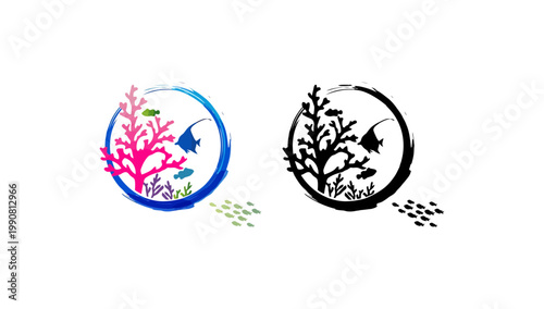 A colorful illustration of two fish swimming in coral reef ecosystems within circular frames.