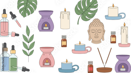Relaxing Spa and Aromatherapy Vector Set with Buddha Candles Essential Oil Incense Monstera Leaf and Aroma Lamp for Wellness Design