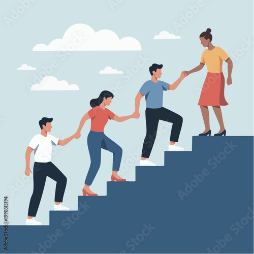People helping each other climb steps, support and equity concept 