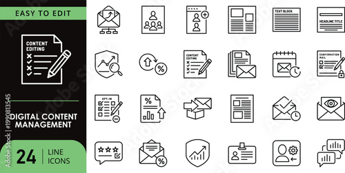 A collection of 24 line icons for digital content management and editing