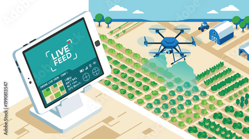 Isometric smart agriculture vector illustration showcasing advanced technology for modern farming with live feed on a tablet and drone in a field