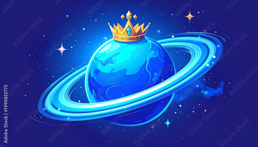 Naklejka premium royal planet with glowing crown and rings in cosmic space fantasy scene