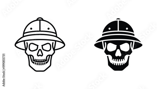 Skull wearing pith helmet icon for jungle exploration or archaeological adventure themes represented in professional vector line art and solid black silhouette styles for graphic design