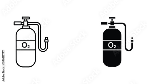Professional oxygen tank icon for diving or medical equipment depicted in clear vector line art and solid black silhouette styles for safety and industrial documentation or web design
