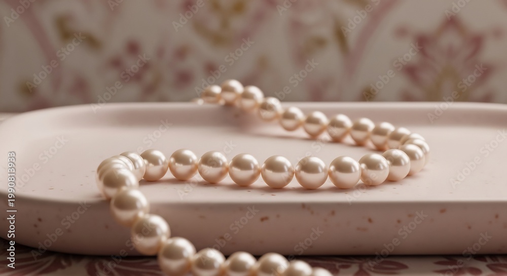 Obraz premium Elegant Pearl Necklace Displayed on a Soft Pink Oval Tray.