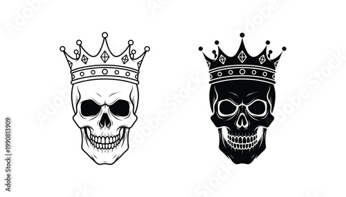 Human skull wearing ornate luxury crown with gemstones vector illustration set in outline and solid black styles for premium dark fantasy graphic projects isolated on white background