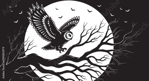 Owl flying, moonlit night, black and white vector, nocturnal bird, wildlife illustration