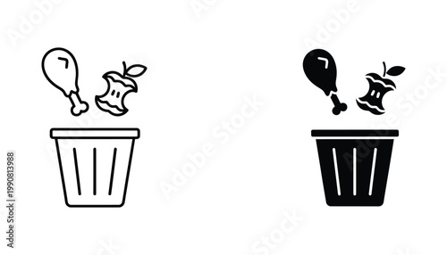 Trash can with chicken leg and apple core waste icon set in outline and solid black vector style for disposal concepts