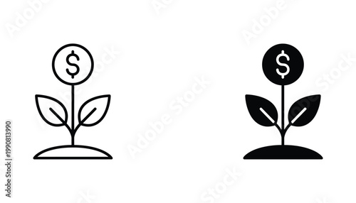 Financial growth concept icon of plant with dollar coin leaf in outline and solid black vector style for investment branding