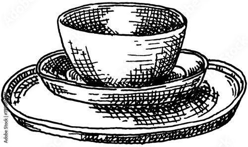 Vintage bowl and plate set top view hand drawn engraving tableware illustration