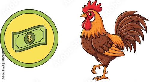 Rooster Chicken Vector Illustration and Dollar Currency Icon for Poultry Farming Business Agriculture Investment Livestock Trade and Farm Financial Growth Concepts