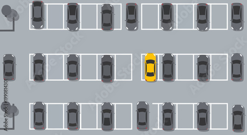 Yellow car in parking lot with empty spaces