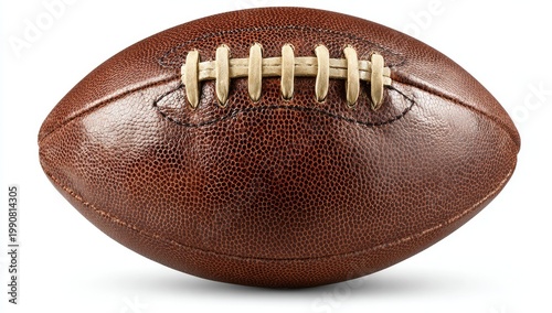 Close-up, studio shot of a brown, textured American football with laces