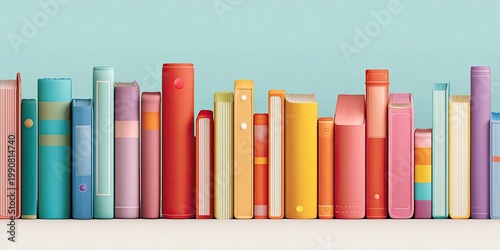 A vibrant row of colorful, minimalist books stands against a soft blue backdrop