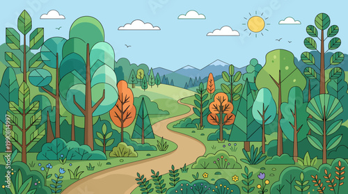A serene landscape with a winding road through trees and bushes under sunny skies
