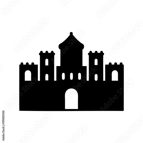 Black castle silhouette, medieval fortress icon, tower architecture symbol, vector graphic