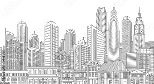 Black and white architectural line drawing depicting a dense city skyline with various skyscrapers high rise buildings and urban architecture.
