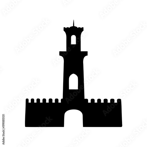 Black silhouette castle tower, medieval fortress icon, battlement wall, architectural symbol