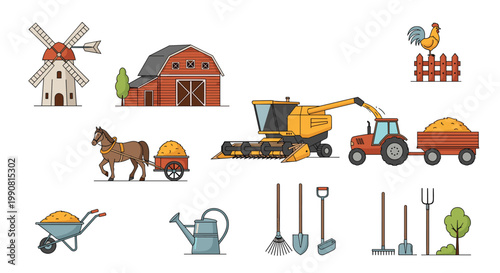 Farm life illustration collection featuring a windmill barn harvester tractor horse with cart rooster and various gardening and farming tools.