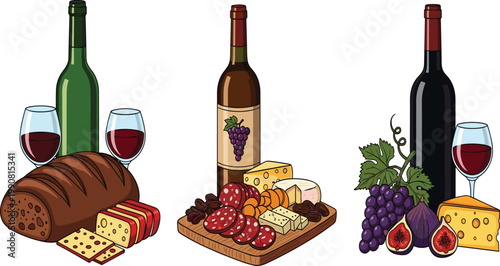 Gourmet wine and appetizer vector set with red wine bottles, glasses, artisan bread, assorted cheeses, salami, grapes, figs, and charcuterie board illustrations.