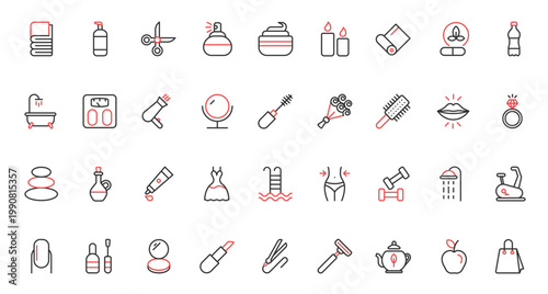 Red black thin line icons set for beauty cosmetics and skin care, including makeup, natural herbal lotion cream, healthy massage, candle spa relax for body health, salon therapy vector illustration.