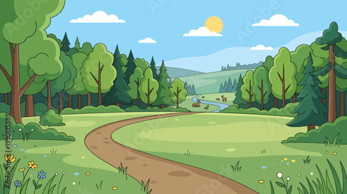 A serene landscape with a winding path through trees and a lake under a sunny sky with clouds