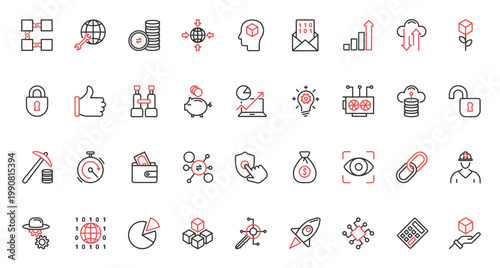 Red black thin line icons set for blockchain, bitcoin, crypto money in digital wallet, data mining in network, cryptocurrency exchange, transaction payment pictogram cryptography vector illustration